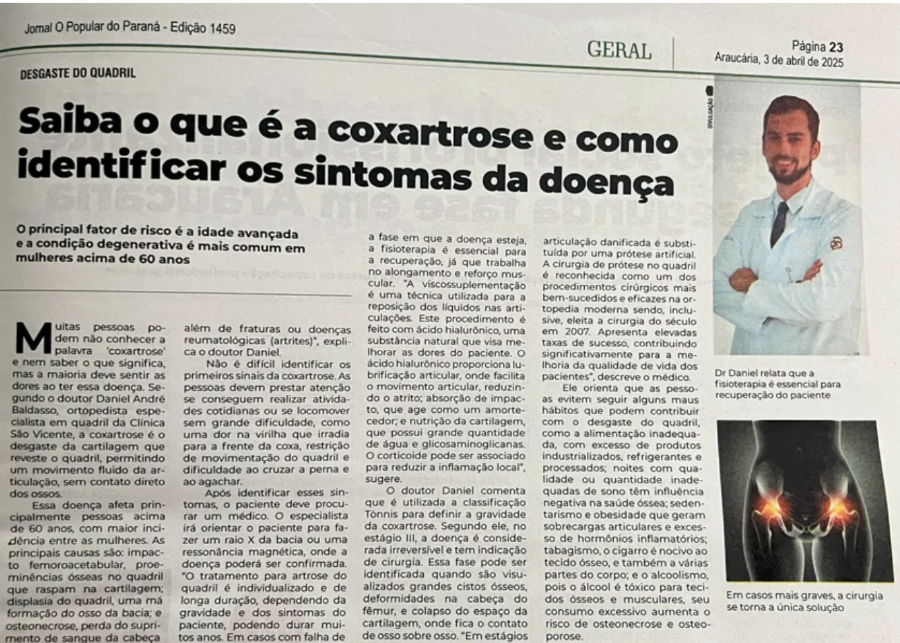 Matéria no Jornal O Popular do Paraná sobre coxartrose